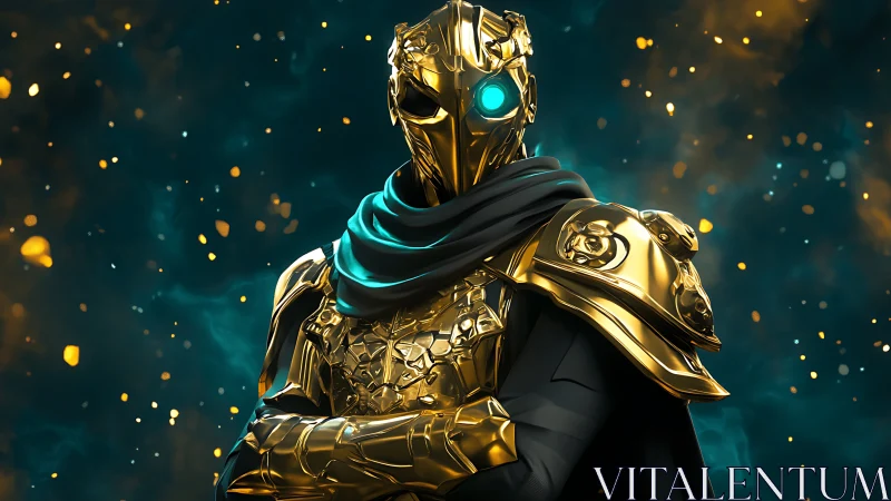 Golden armored cyborg knight with glowing blue eye stands.