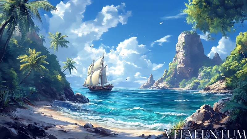 Tropical Cove with Anchored Sailing Vessel and Limestone Formations