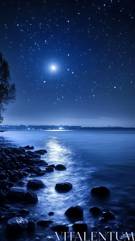 Long-exposure shoreline under stellar blue nocturne sky.