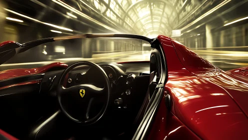 Red luxury roadster interior racing through tunnel scene.