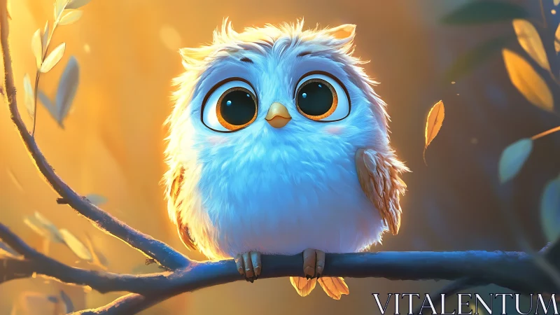 Cute cartoon baby owl with big eyes on a branch in soft lighting.
