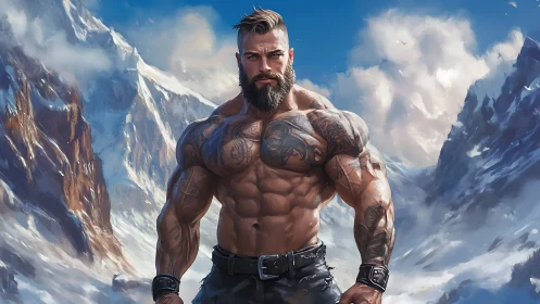 Tattooed muscular warrior standing in harsh snowy mountains.