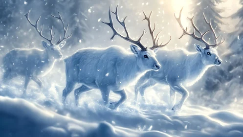 White deer herd moving through snowy winter forest.