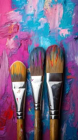 Three flat brushes align over impasto multicolor paint field