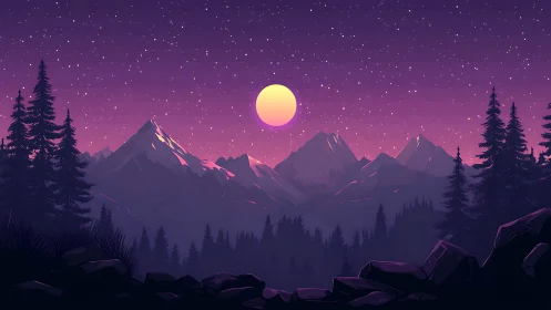Violet dusk mountain skyline under glowing full moon.