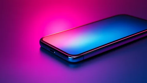 Smartphone lies on surface under pink and blue gradient light