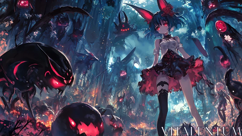 Crimson-eared girl calmly tames a riotous demon forest