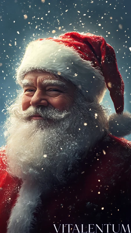 Warm-hearted Santa in softly falling Christmas snow.