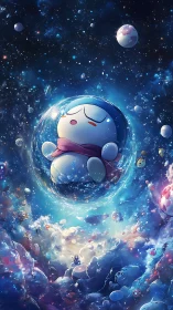 Spherical mascot drifts in nebular space cloud with luminous particles