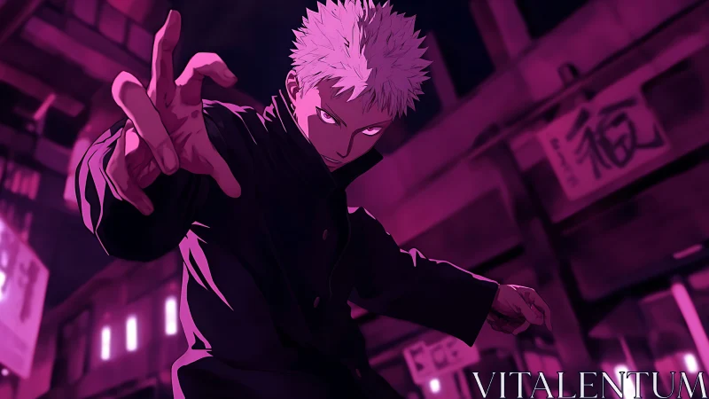 White-haired anime figure in dark alleyway under magenta light.