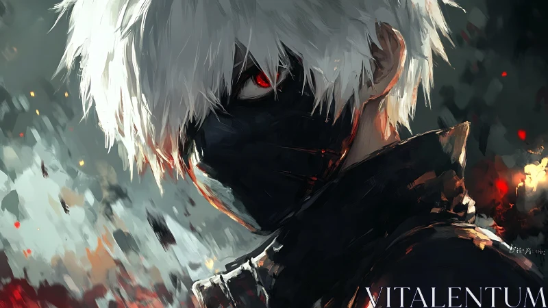 Masked white-haired figure in profile amid abstract sparks