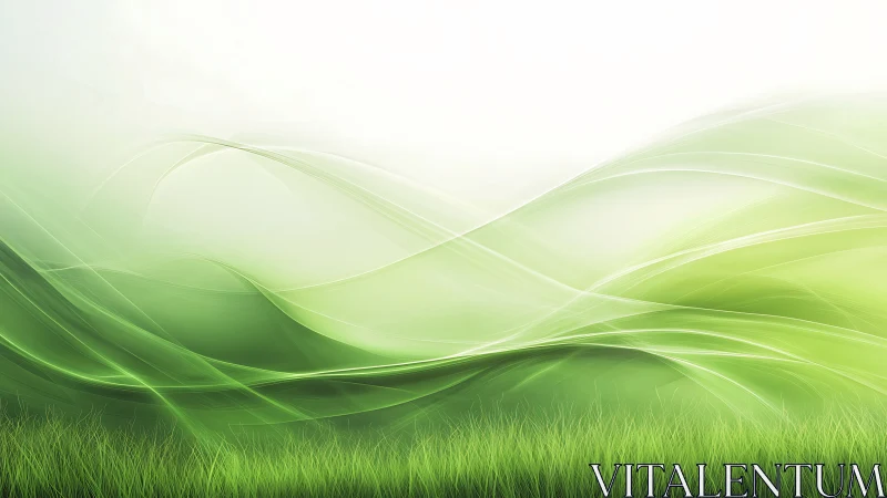Digital painting of luminous green waves and grass field.
