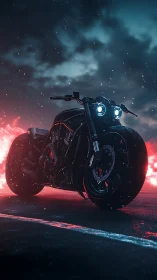 Cyberpunk cruiser motorcycle in neon storm environment.
