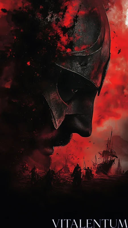 Warrior’s blood-red vision merges battle and burning sky.