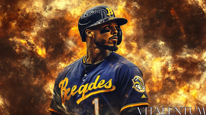 Baseball slugger stands poised amid blazing abstract firestorm.