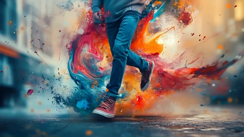 Runner in urban street exploding with vivid paint colors.