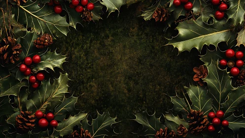 Holly leaves, red berries and pine cones framing dark background.
