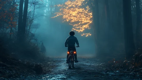 Cyclist's Journey Through the Glowing Forest.