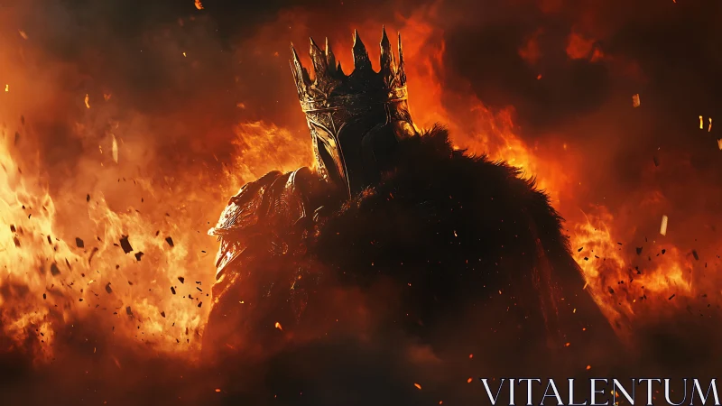 Armored crowned figure stands silhouetted against dense flames