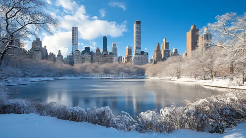 Winter urban skyline reflected across frozen park lake surface