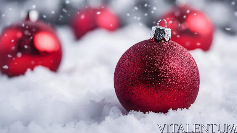 Red Christmas baubles resting on snow in soft focus scene.
