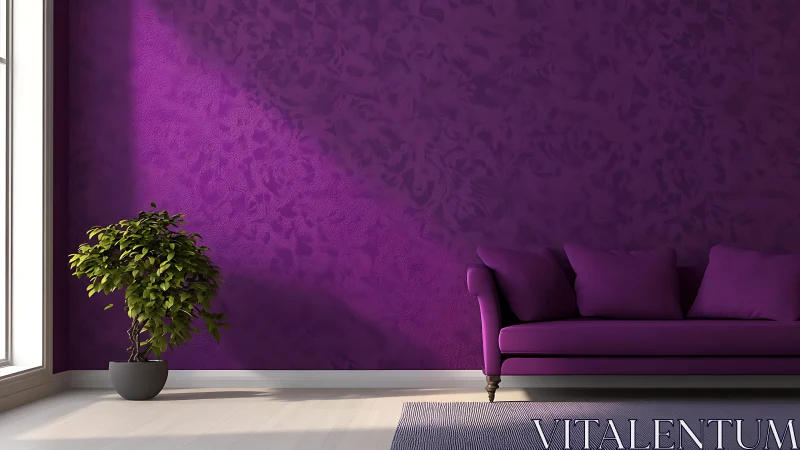 Modern purple living room with textured wall and minimalist decor.