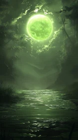 Emerald moonlit swamp under spectral forest canopy.