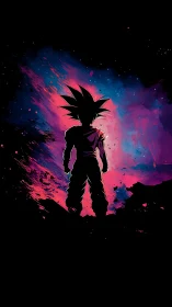 Cosmic warrior silhouette ignites neon-streaked night sky.