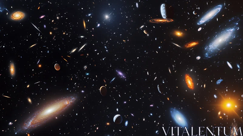 Sprawling multigalaxy cosmos with luminous spiral clusters.