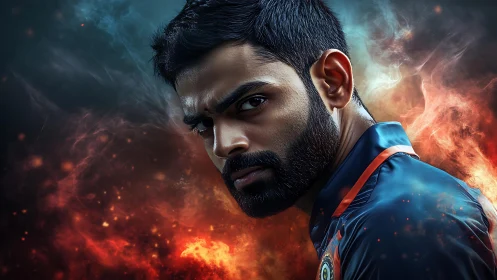 Fiery portrait of intense athlete in dramatic nebula light.