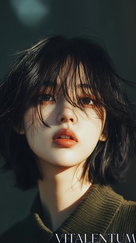 Close cropped portrait of woman in directional sunlight.