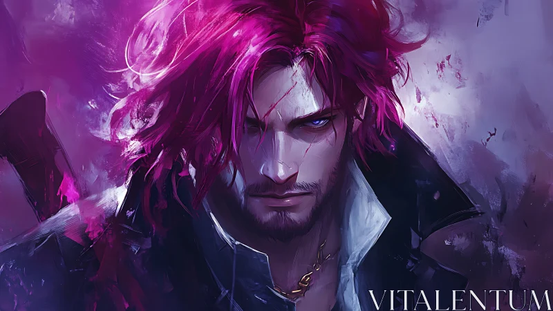 Scarred magenta-haired swordsman rendered in high-contrast digital painting