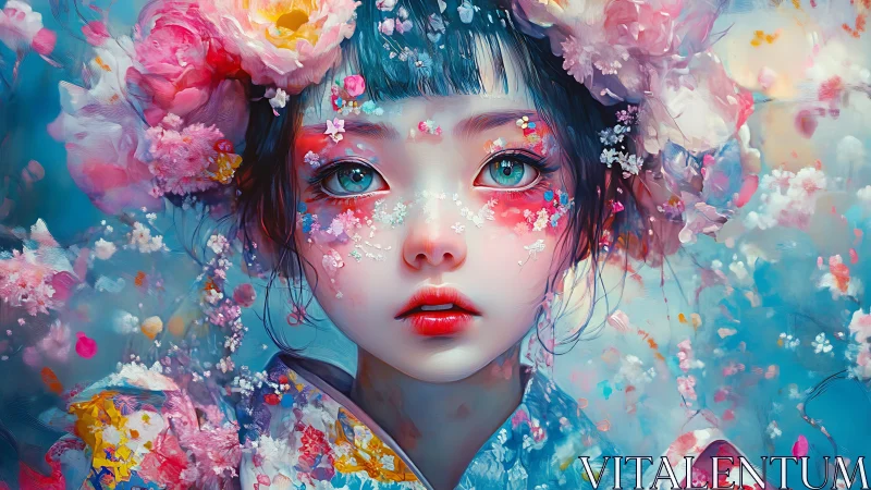 Portrait of stylized girl amid dense floral elements.