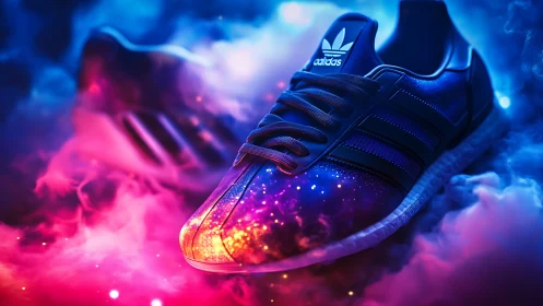 Cosmic runner sneaker drifting through neon vapor clouds.