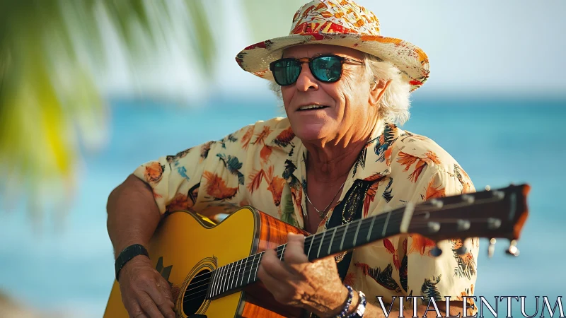 Older man plays acoustic guitar by the sea in warm sunlight
