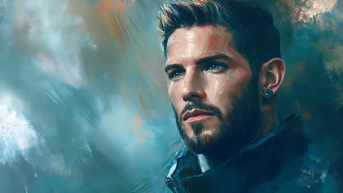 Digital portrait of bearded male figure in cool tones.
