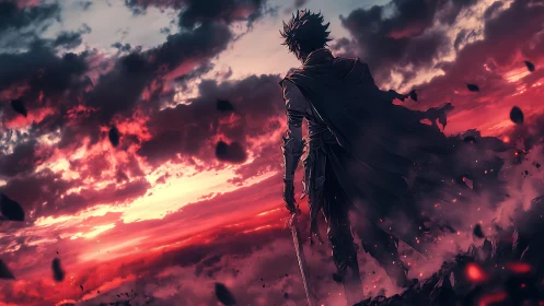 Stormlit swordsman watching a rebel crimson horizon burn.