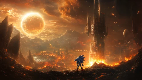 Blue speed hero faces burning infernal citadel horizon.