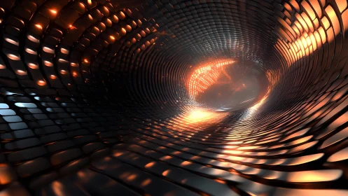 Futuristic Metallic Tunnel with Glowing Orange Lights, Digital Art.
