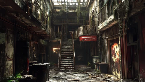 Derelict mall atrium with decayed stairwell and ivy overgrowth.