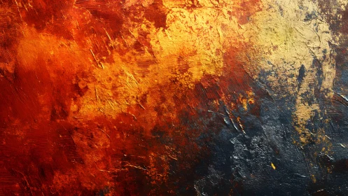 Abstract fiery textured painting with bold red, orange, and gold.