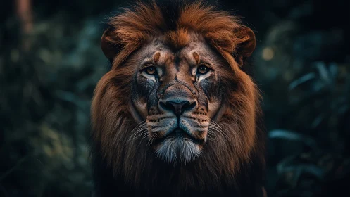 Midnight-maned lion studies the forest with solemn fire