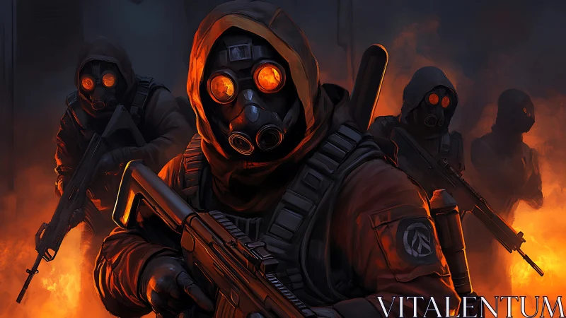 Gas-masked soldiers advance through burning orange smoke