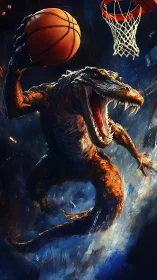 Bipedal reptilian figure executing basketball dunk motion.