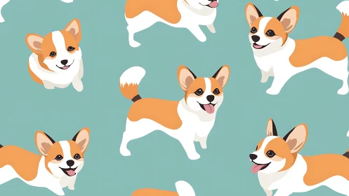Corgi confetti parade pops across teal cartoon skies.