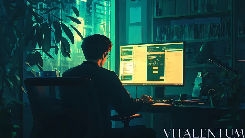 Person at computer workstation in dim office interior at night.