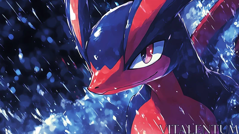 Ninja reptile warrior stands resolute in storm rainlight.