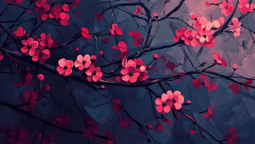 Crimson Blossoms Dance Against Twilight Shadows.