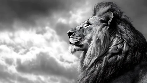 Majestic lion profile gazes into a dramatic storm sky