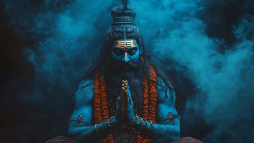 Blue-skinned ascetic in meditative prayer amid swirling smoke.